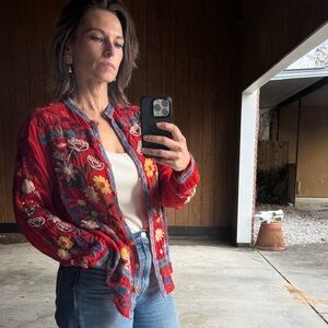 Johnny Was red floral embroidered blouse Boho top small